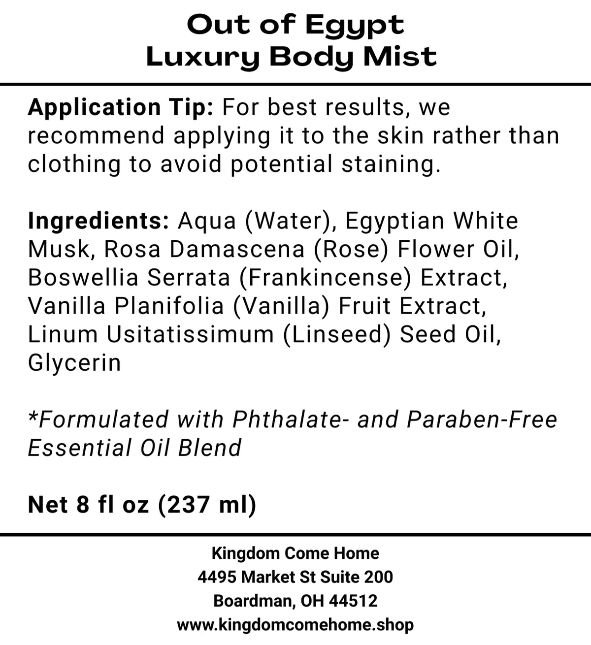 Out of Egypt Luxury Body Mist